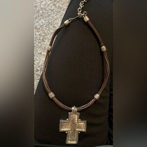 Premier Brown Leather Look Necklace with Silver Tone Cross Charm and Accents